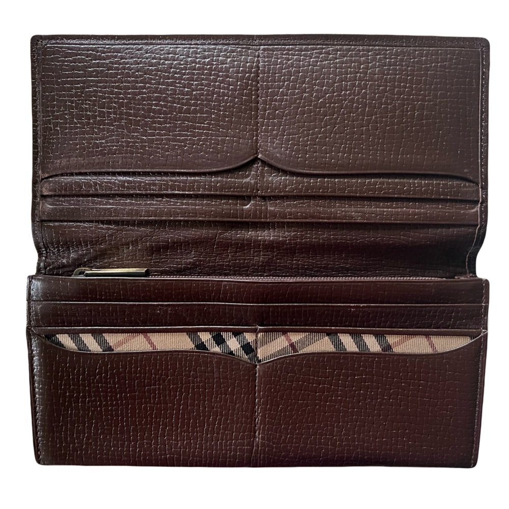 Burberry Brown Leather Bi-Fold Long Wallet with Zip Coin Pouch Nova Check Accent